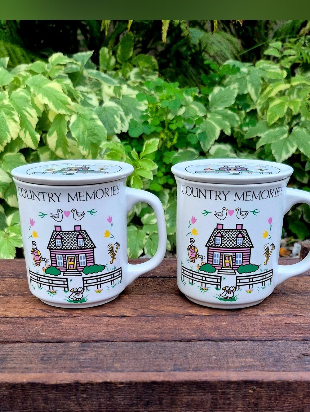 Vintage 1986 Emson Country Memories Mug Coaster Set 2 Mugs White Ceramic Bundle